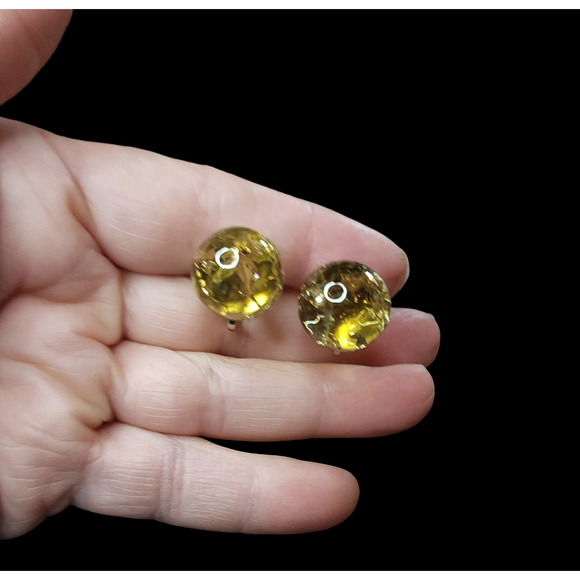 Vintage round yellow clear glass screw back earrings silver-tone - Picture 2 of 5